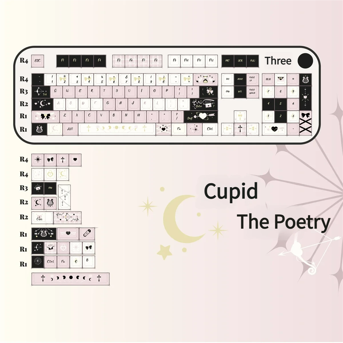 Cupid The Poetry Elegant PBT Keycap Set, an angled shot revealing its romantic classical aesthetic, delicate legends, and the durable quality of PBT.