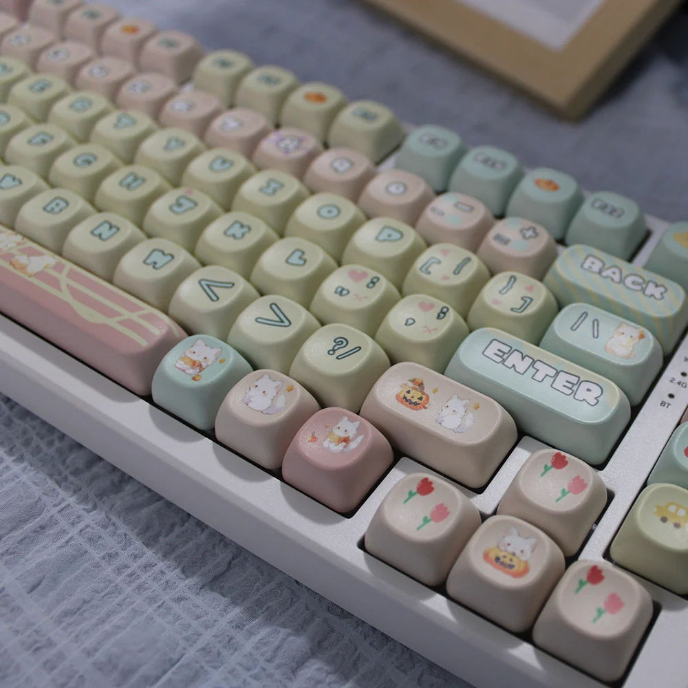 Adorable pink PBT cute cat keycaps set, featuring charming pastel pink and white whimsical cat designs. Durable and playful.