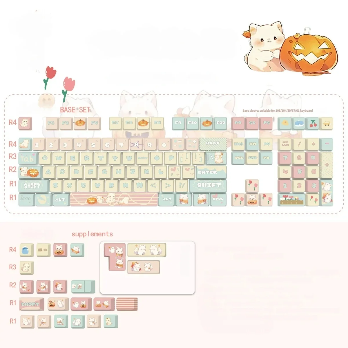 Adorable pink and white PBT cute cat keycaps set, featuring a charming whimsical cartoon cat design with front light-transmitting keys.