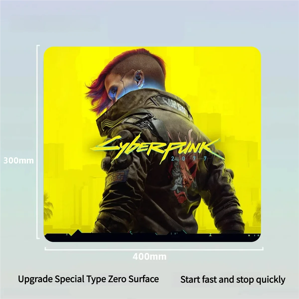 Premium Cyberpunk 2077 Phantom Liberty mouse pad showcasing a gritty Night City skyline, ready to immerse your desk in iconic lore.Close-up of the Cyberpunk design.