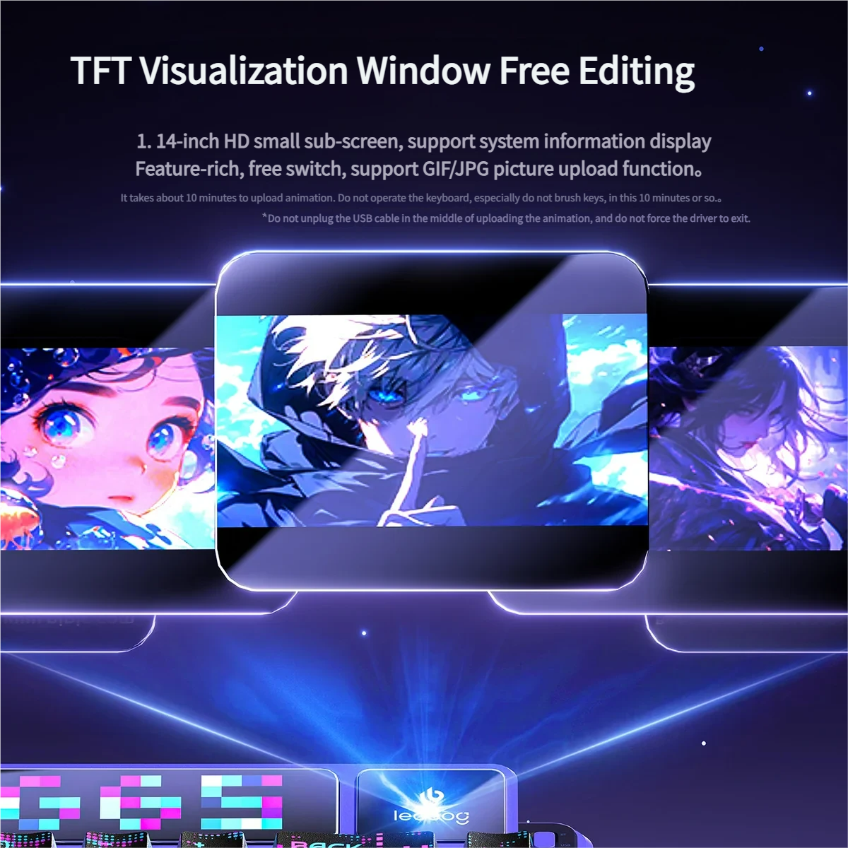 Cyber Star AMG65 smart screen mechanical keyboard product gallery showcasing its interactive display, diverse artistic themes, and dynamic RGB lighting.