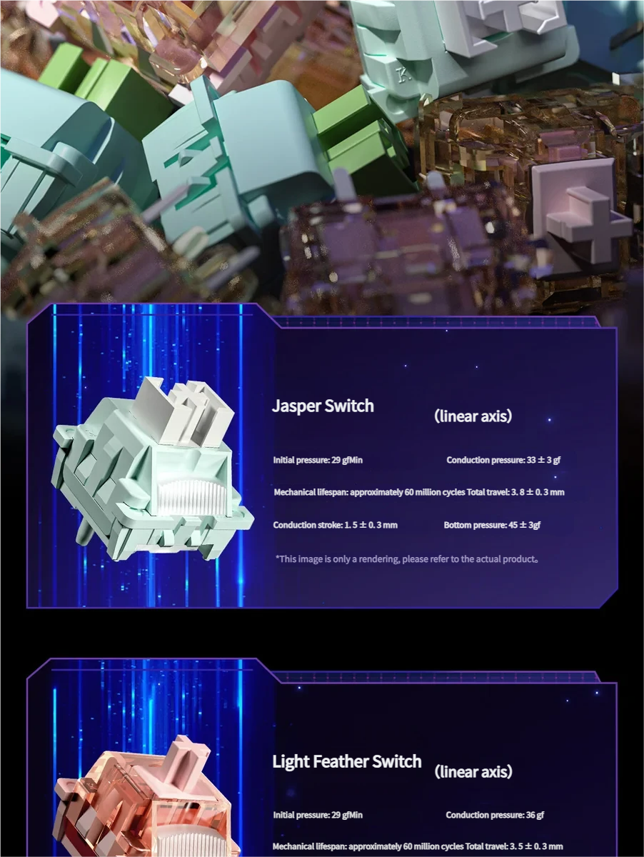 Cyber Star AMG65 Smart Screen Mechanical Keyboard in a captivating Cyber Starry Night theme, featuring jade-accented keys and an interactive dot-matrix.