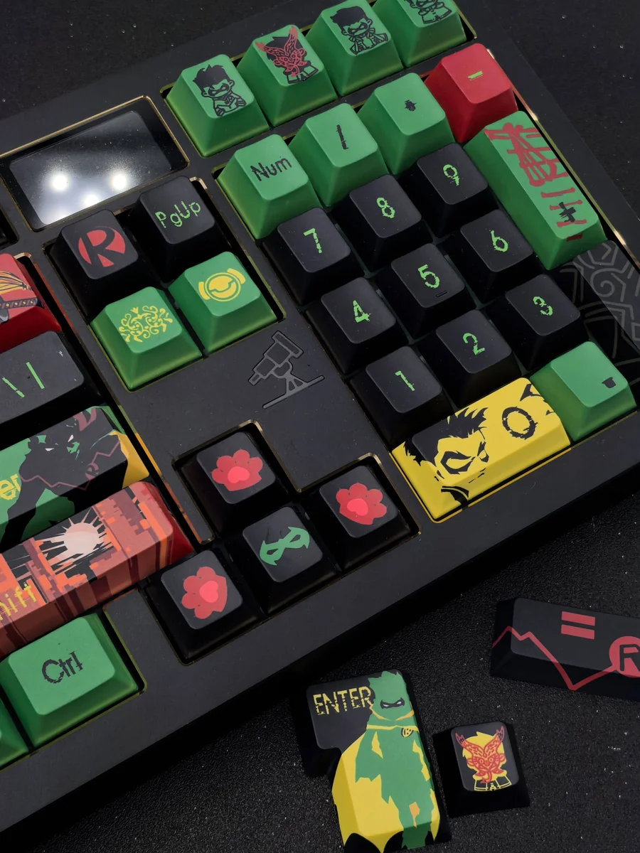 Exclusive Damian Wayne Robin artisan keycap set gallery showcasing intricate superhero details and vibrant comic book aesthetic from multiple dynamic angles.