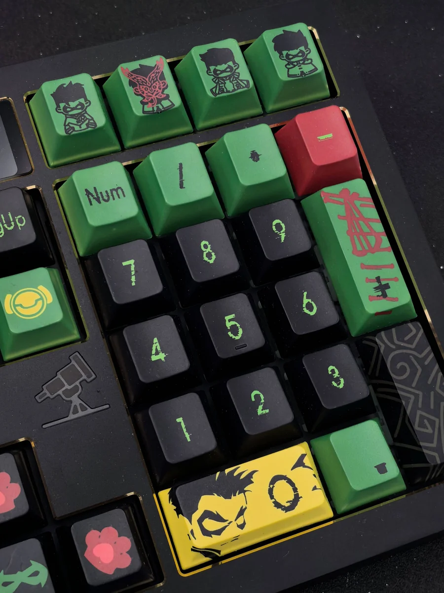 Exclusive Damian Wayne Robin artisan keycap set gallery, showcasing intricate superhero detailing and vibrant comic book art from various premium angles.