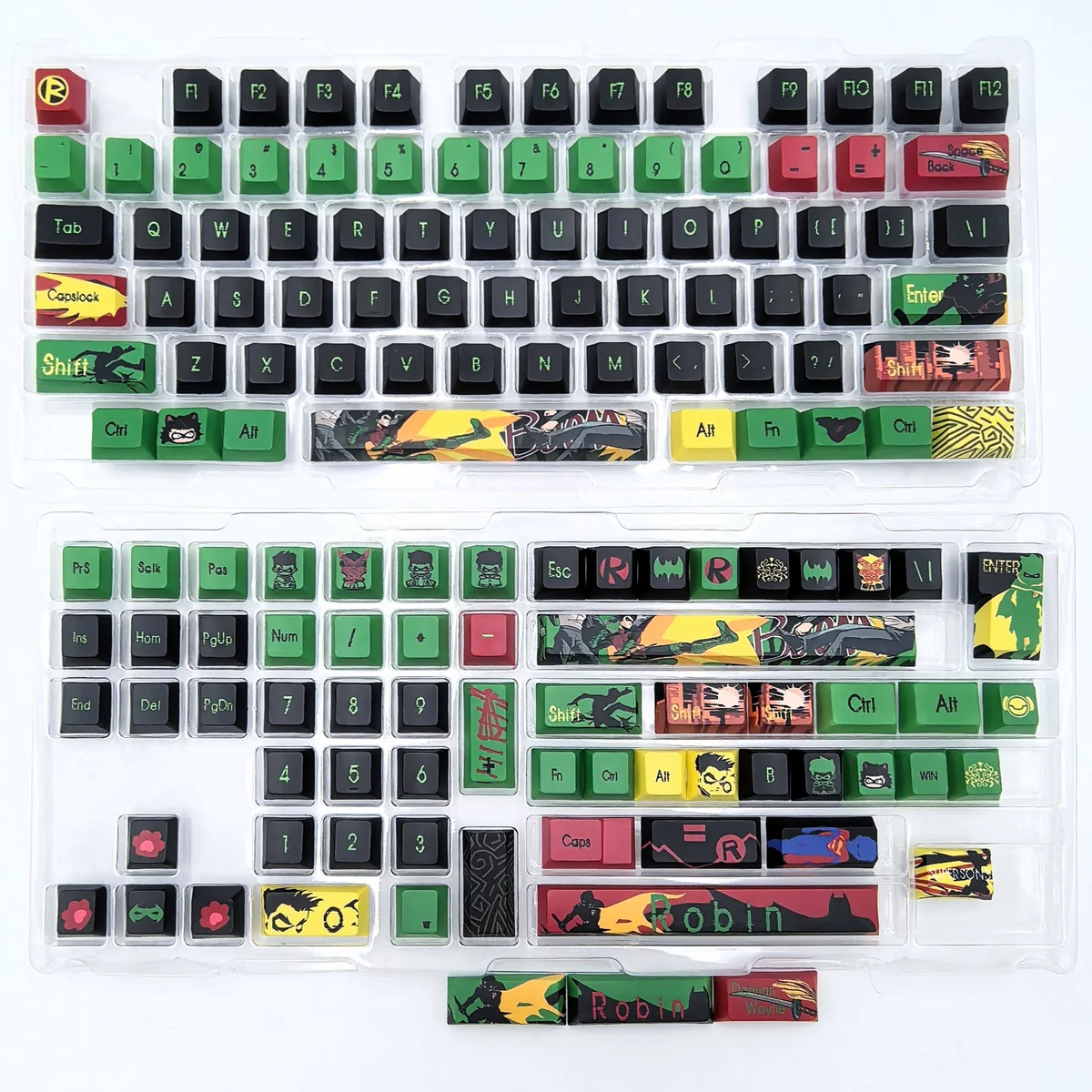 Exclusive Damian Wayne Robin Artisan Keycap Set, showcasing intricate superhero detailing from multiple dynamic angles, embodying a vigilant spirit.