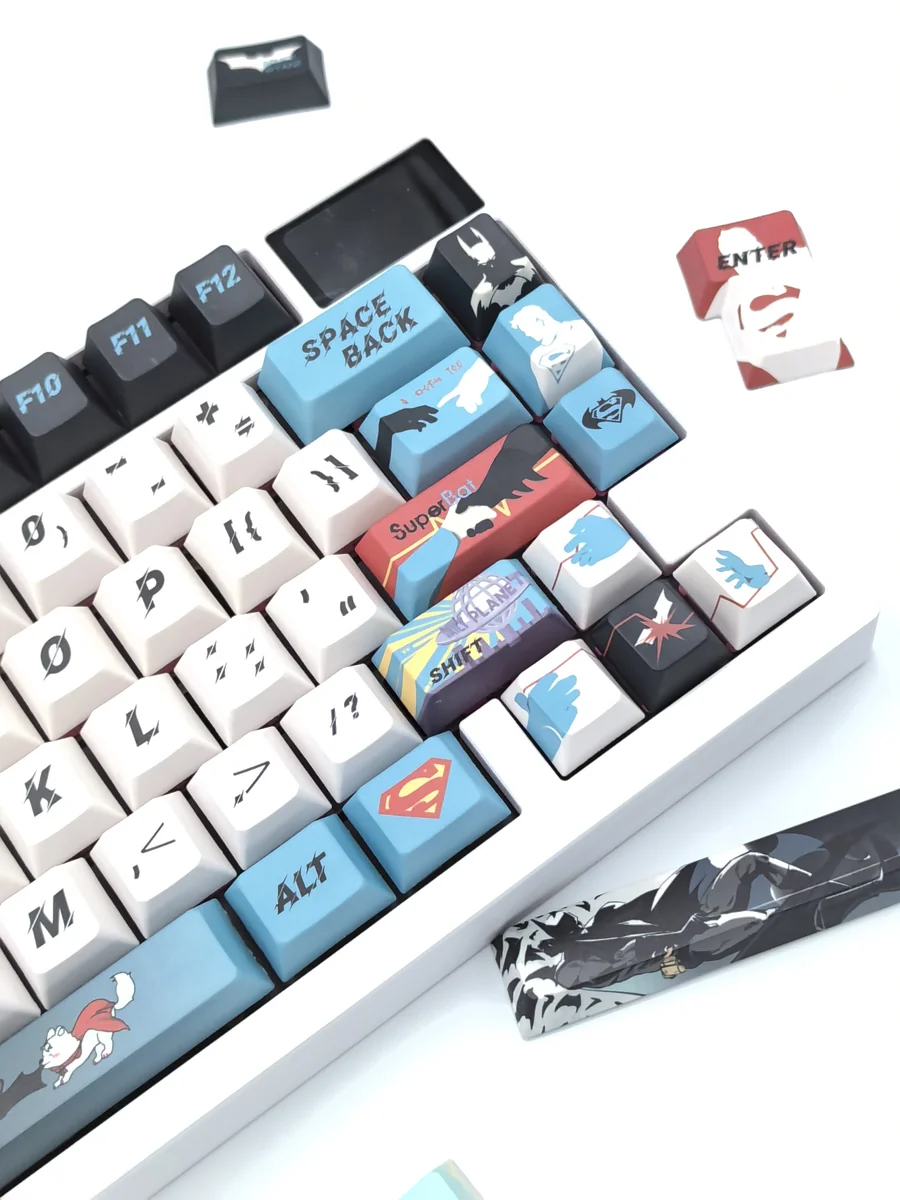 Artistic gallery view of the handcrafted Superman-Batman DC Comics keycap set, revealing its exclusive details and superhero artistry from all sides.