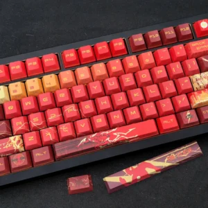Exclusive DC Flash artisan keycap set for mechanical keyboards, showcasing the vibrant red lightning insignia and sleek side-engraved design.