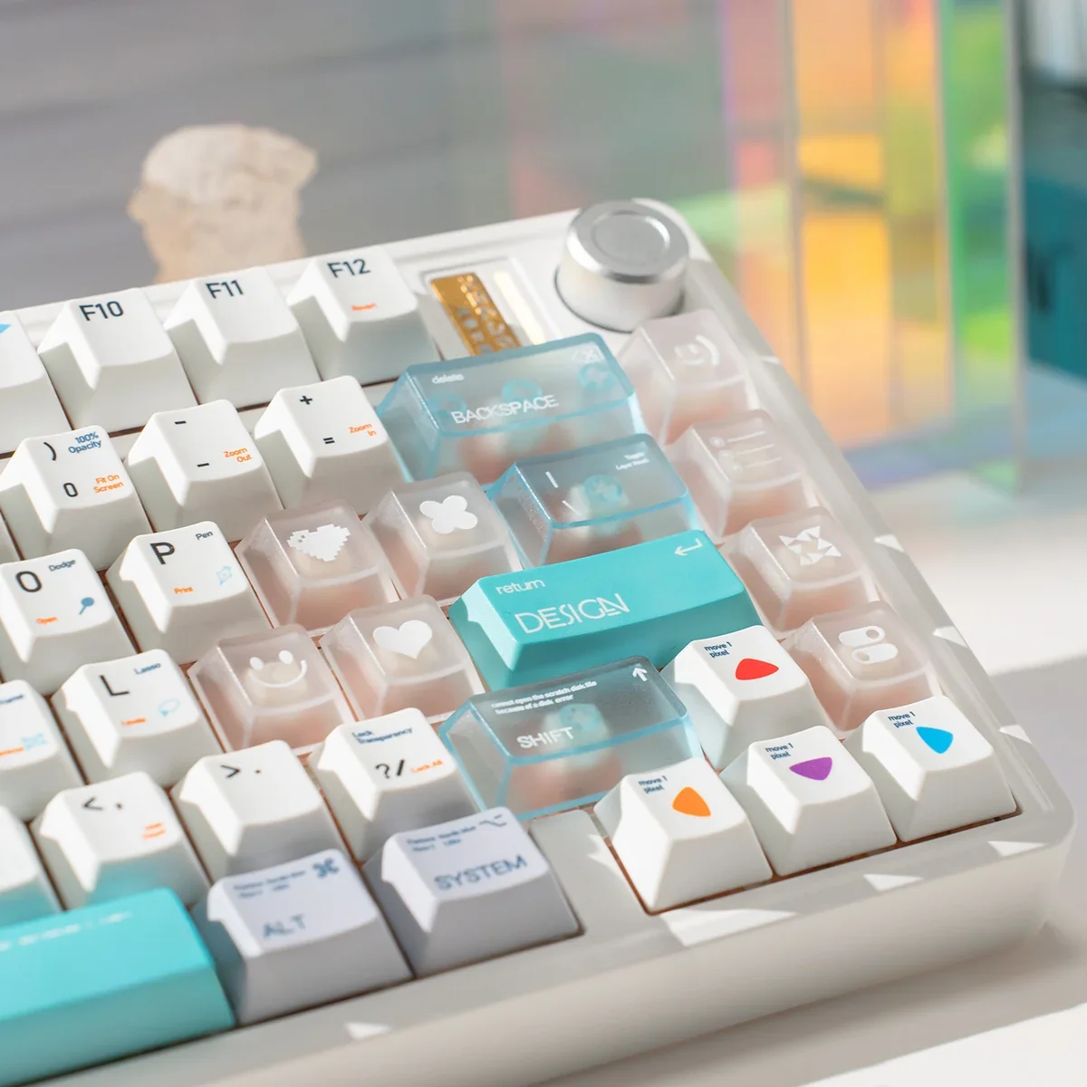 Designer PBT & Frosted PC Keycap Set, showing premium modern aesthetic, hybrid PBT and frosted translucent PC construction, and crisp legends.