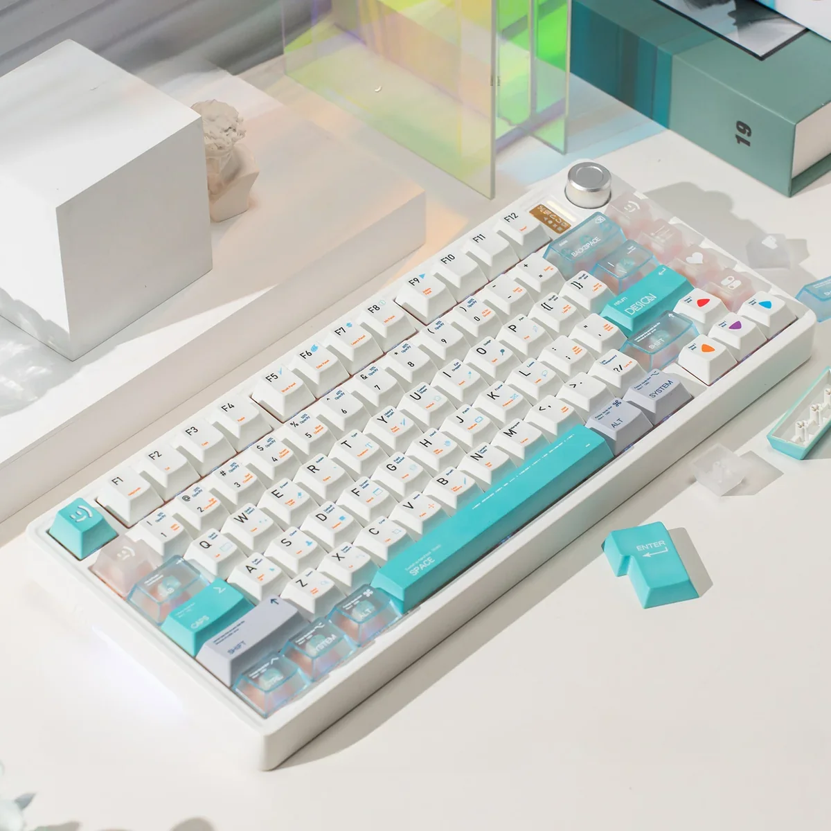 Designer PBT & Frosted PC Keycap Set presented from multiple angles, emphasizing its premium hybrid construction, frosted keys, and crisp legends.