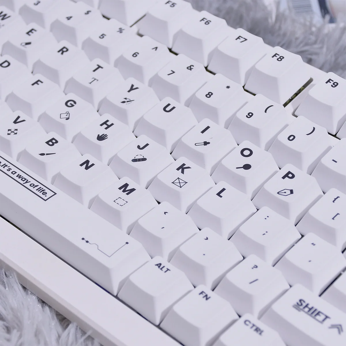 Gallery of premium Designer PBT keycaps set showcasing their crisp dye-sub legends and modern two-tone design, optimized for backlight keyboards.