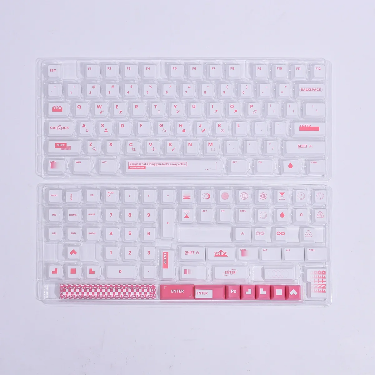 Close-up of premium Designer PBT keycaps set, showcasing crisp dye-sub legends and a modern two-tone design optimized for vibrant backlight compatibility.