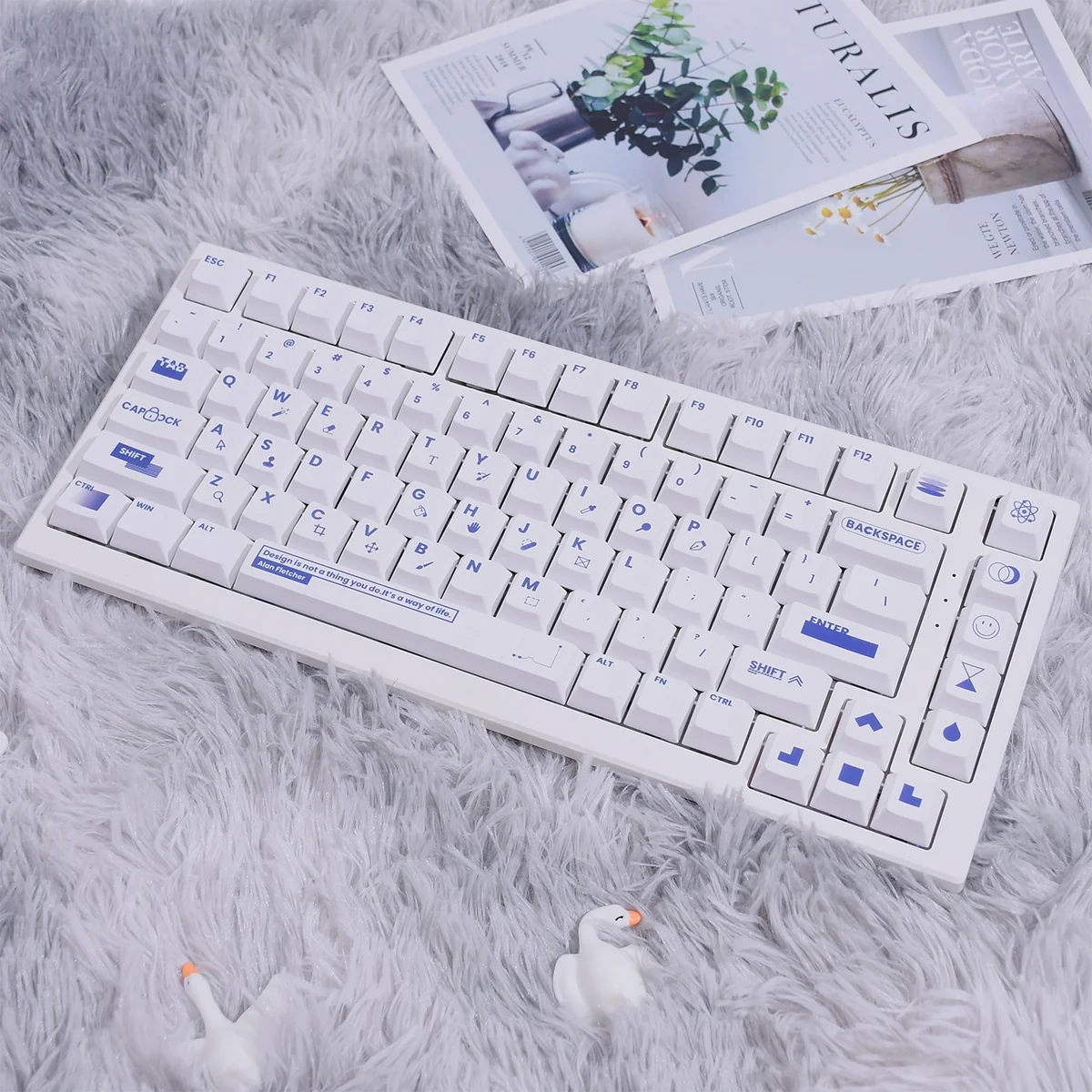 Modern blue-white 130-key Designer PBT dye-sub keycap set, boasting a designer two-tone minimalist style with crisp legends, perfectly backlight-compatible setup.