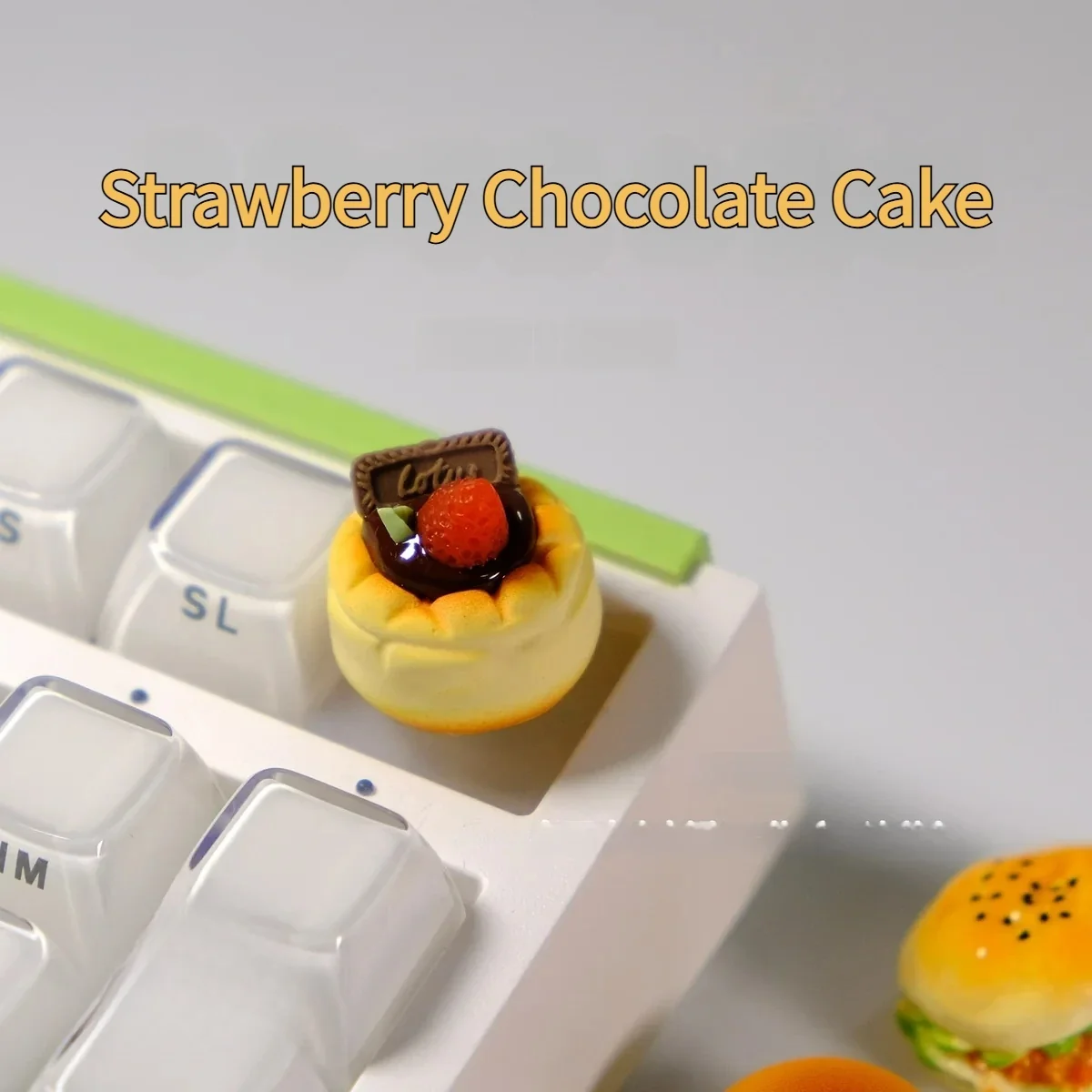 Close-up views of a whimsical handcrafted dessert artisan keycap, featuring intricate 3D details and vibrant sweet miniature treats from various angles.