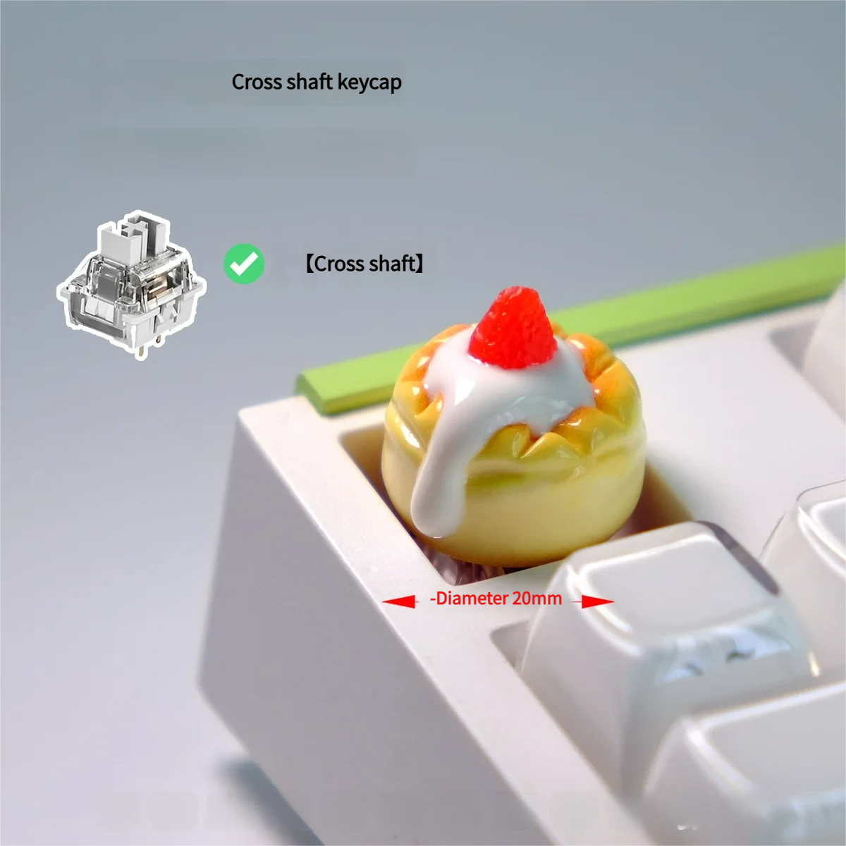 Handcrafted dessert artisan keycap featuring a charming 3D cake midst vibrant strawberry cream miniatures.