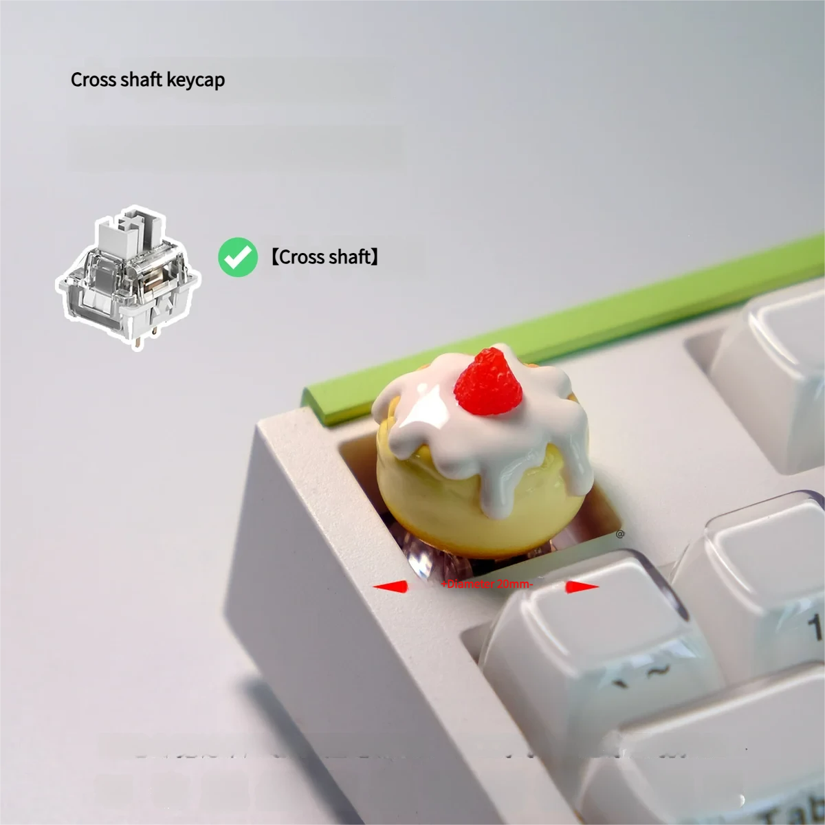 Whimsical handcrafted keycap, featuring a sweet 3D dessert enjoying a vibrant strawberry chiffon dessert, intricately detailed.
