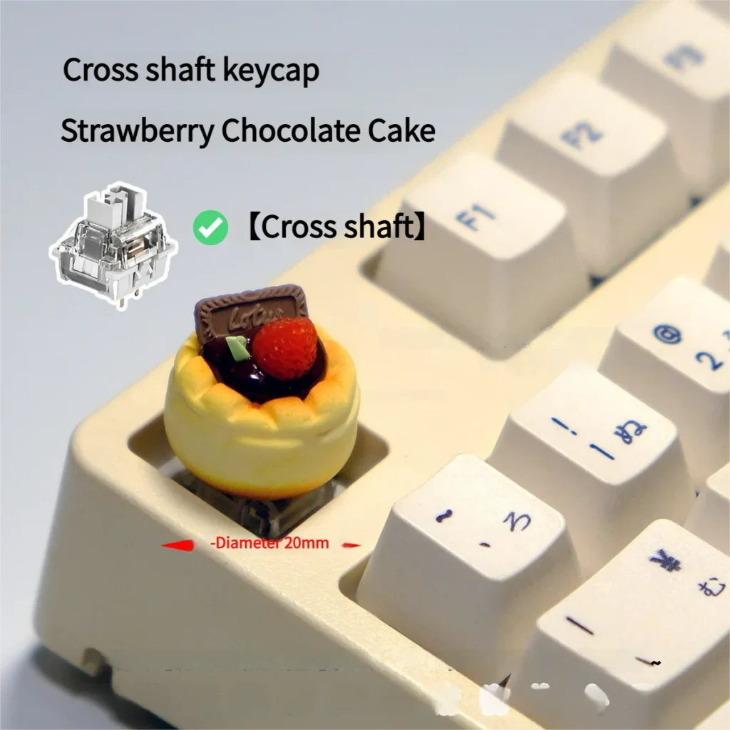 Vibrant handcrafted Hello Kitty artisan keycap showcasing an adorable 3D strawberry dessert, intricately detailed for a playful touch.