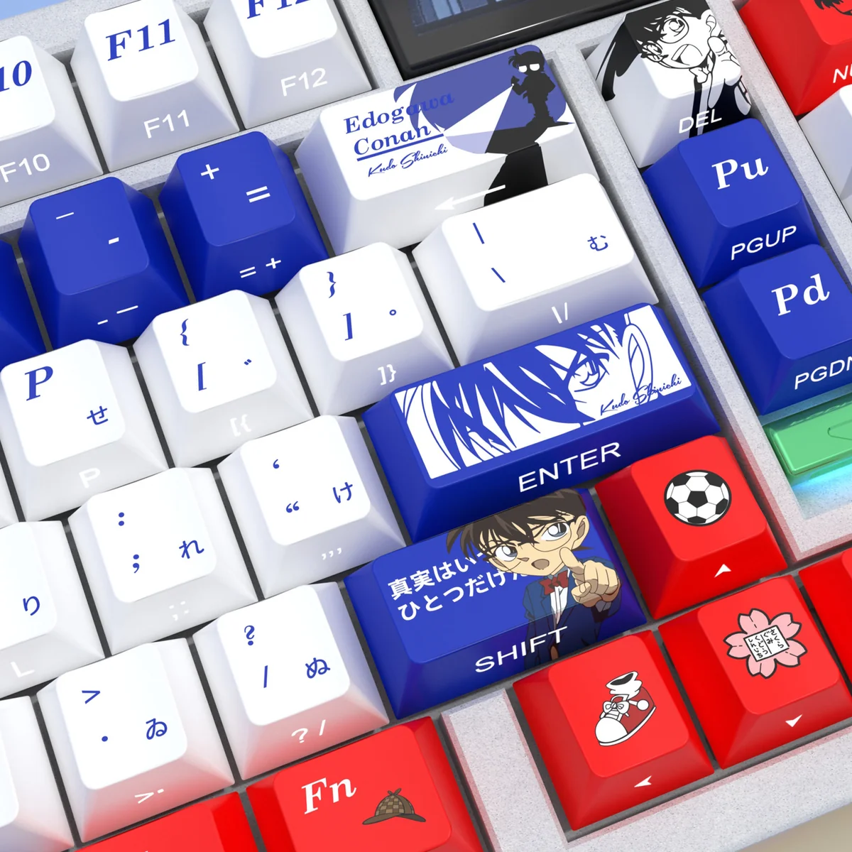 Iconic Detective Conan PBT keycaps set, showcasing a sleek side view that highlights the mysterious side-printed shine-through legends.