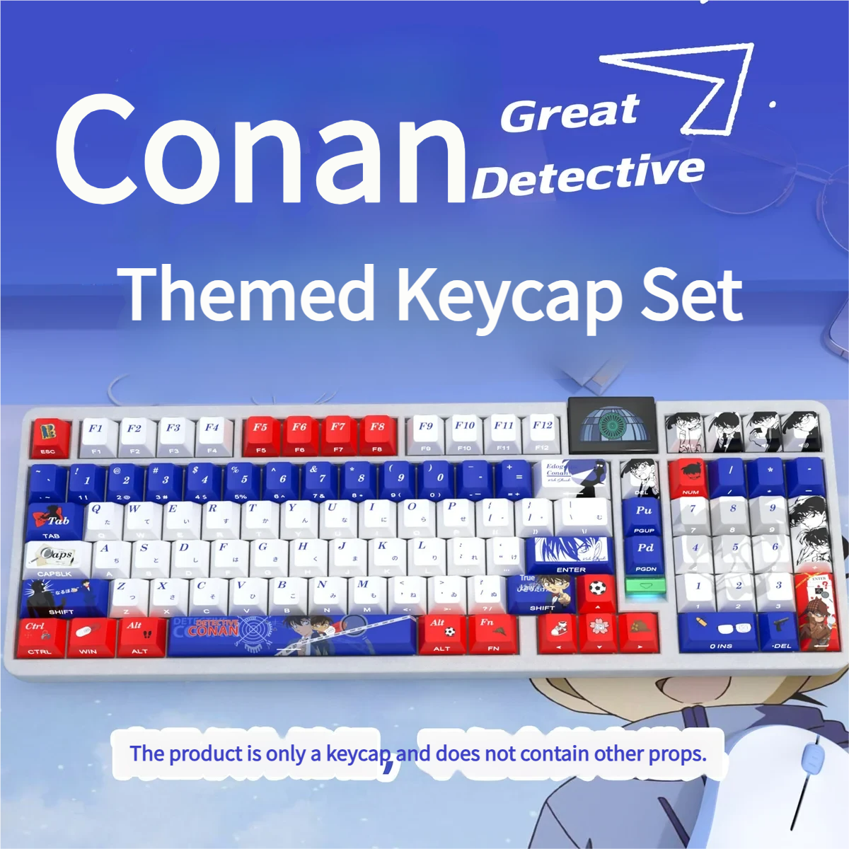 Main image of the Iconic Detective Conan PBT keycaps set, highlighting sleek side-printed, shine-through legends for a mysterious, premium look.