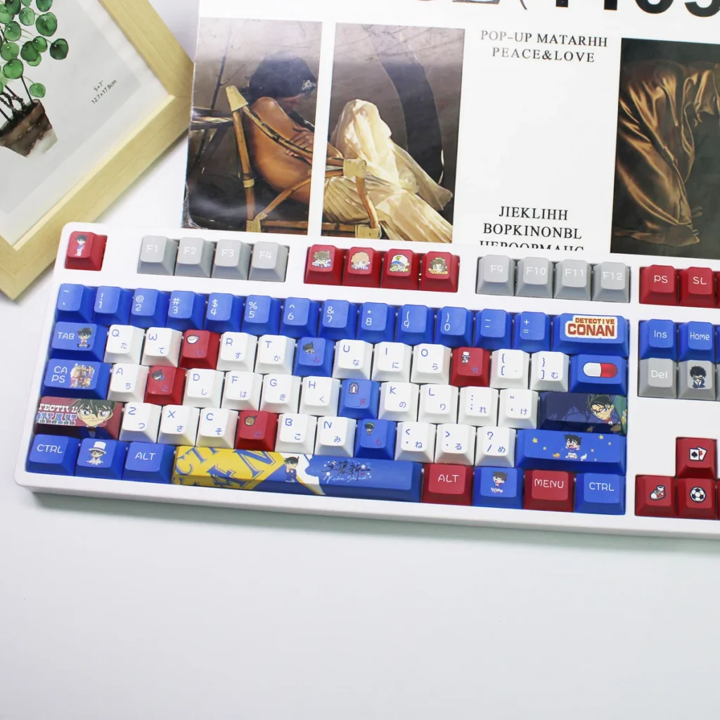 Playful Detective Conan PBT keycaps set, vibrant with iconic anime characters and diverse profiles for an epic keyboard.