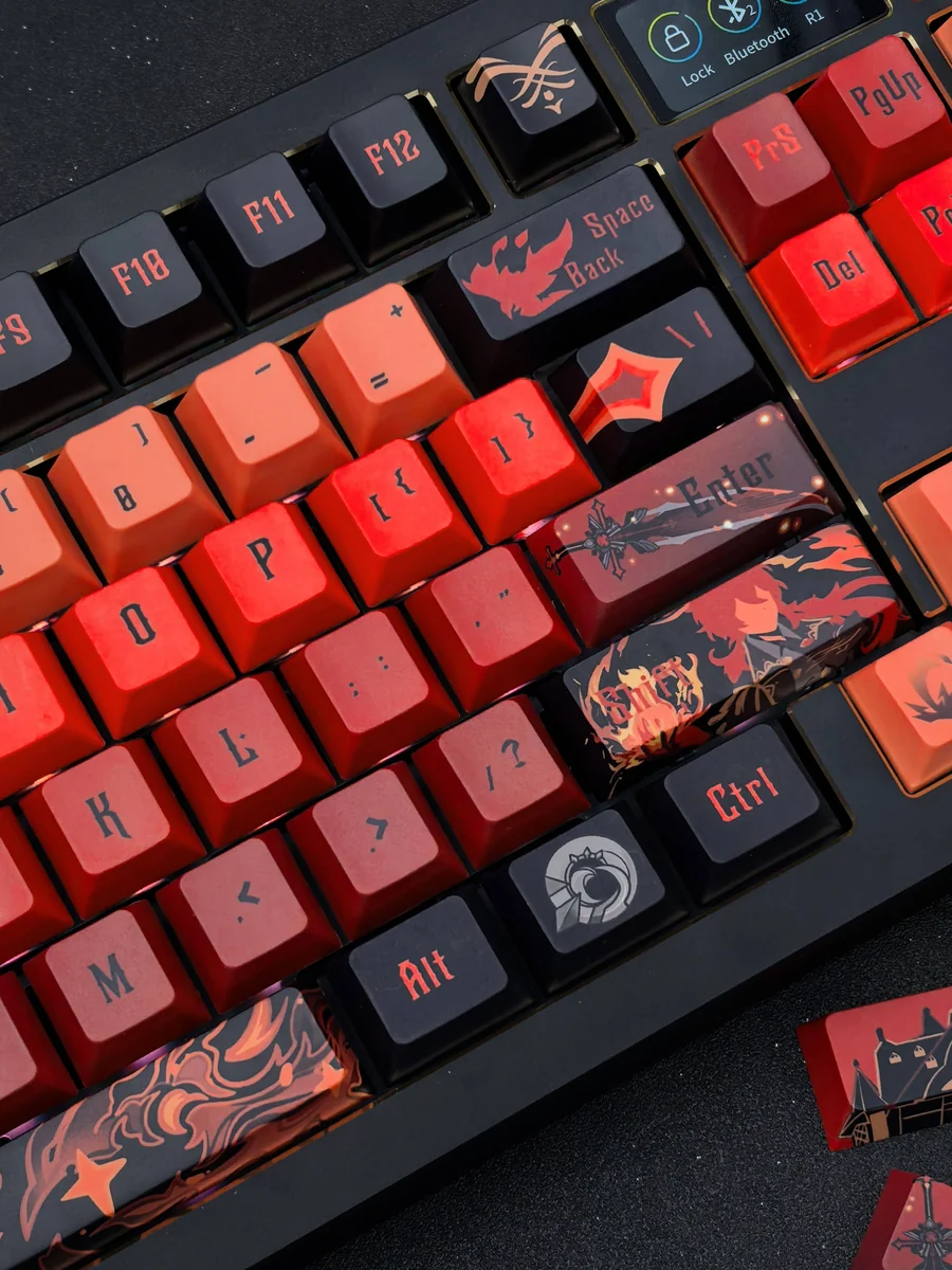 Premium artisan Diluc keycap set, featuring fiery dark red, black, and gold Genshin Impact motifs from a detailed side angle.