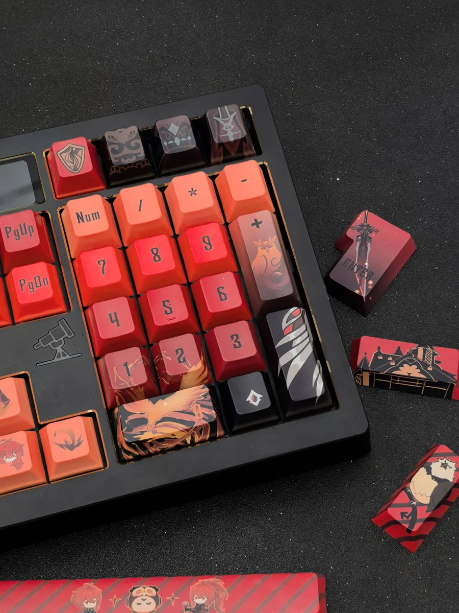 Exclusive artisan Diluc keycap set for Genshin Impact, showcased from multiple angles. Observe its premium dark red, black, and gold palette and intricate design.