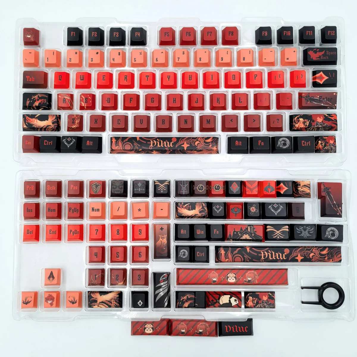 Showcasing the exclusive Genshin Impact Diluc keycap set from various angles, revealing its fiery dark red, black, and gold artisan details.