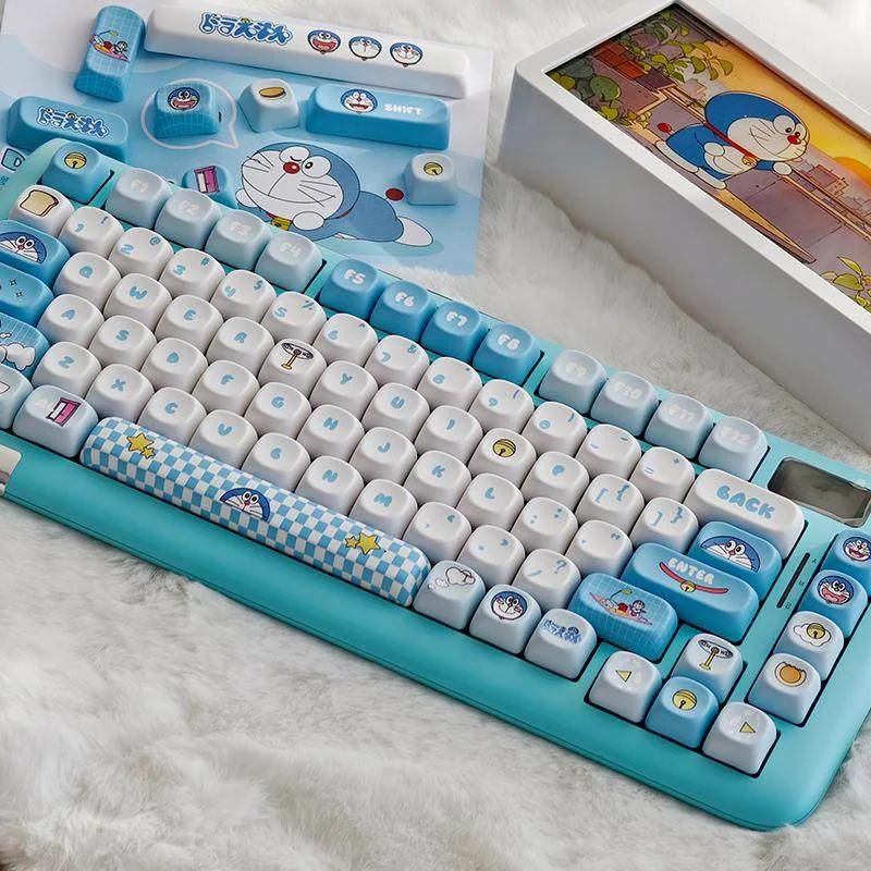 Iconic Doraemon PBT dye-sub keycap set displayed from various angles, showcasing vibrant, whimsical illustrations of characters and gadgets on durable material.