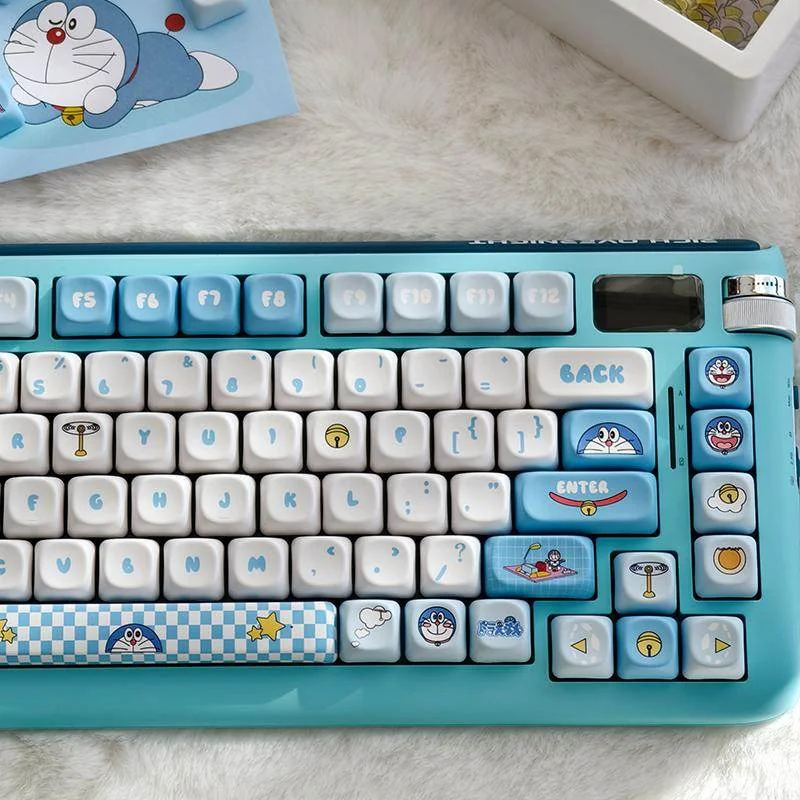Iconic Doraemon PBT Dye-Sub Keycap Set, showcasing whimsical Doraemon characters and durable PBT from multiple angles.