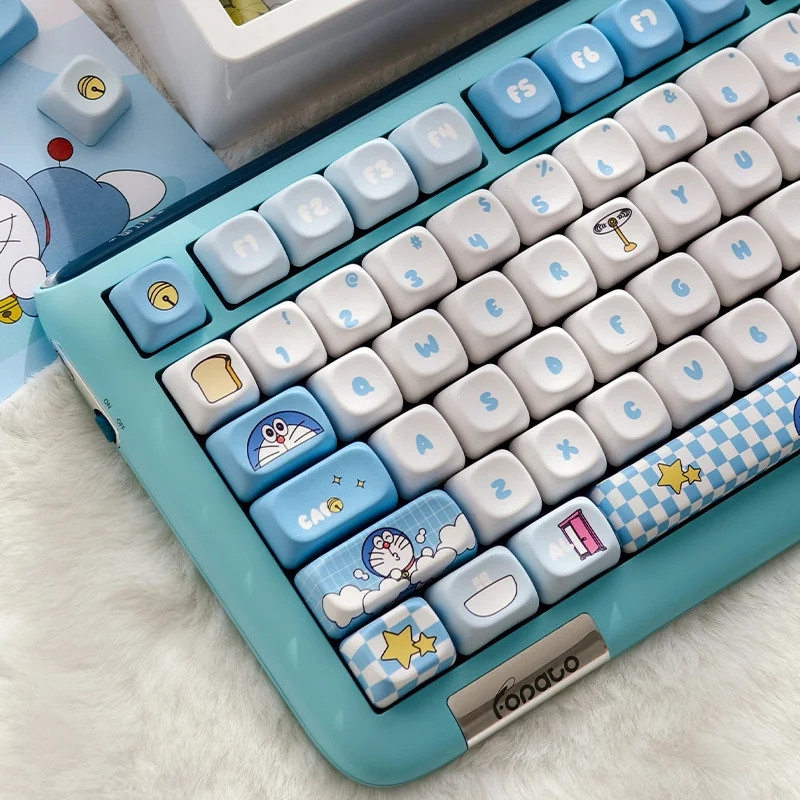 Detailed view of the iconic Doraemon PBT dye-sub keycap set, showcasing vibrant whimsical characters and essential gadget designs.