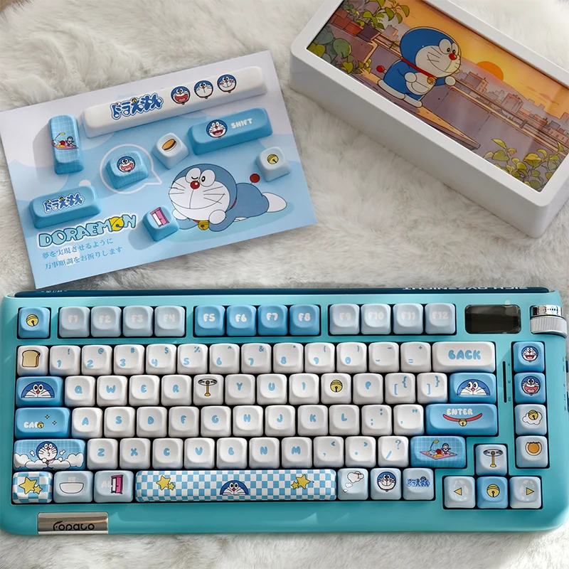 Vibrant Doraemon PBT dye-sub keycaps set showcasing iconic characters playfully peeking from a can design, a whimsical set for many layouts.