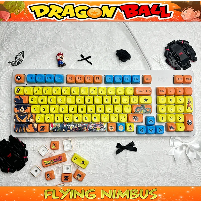 Playful Dragon Ball PBT dye-sub keycaps set, displayed from multiple dynamic angles, featuring vibrant super-saiyan characters and iconic symbols.