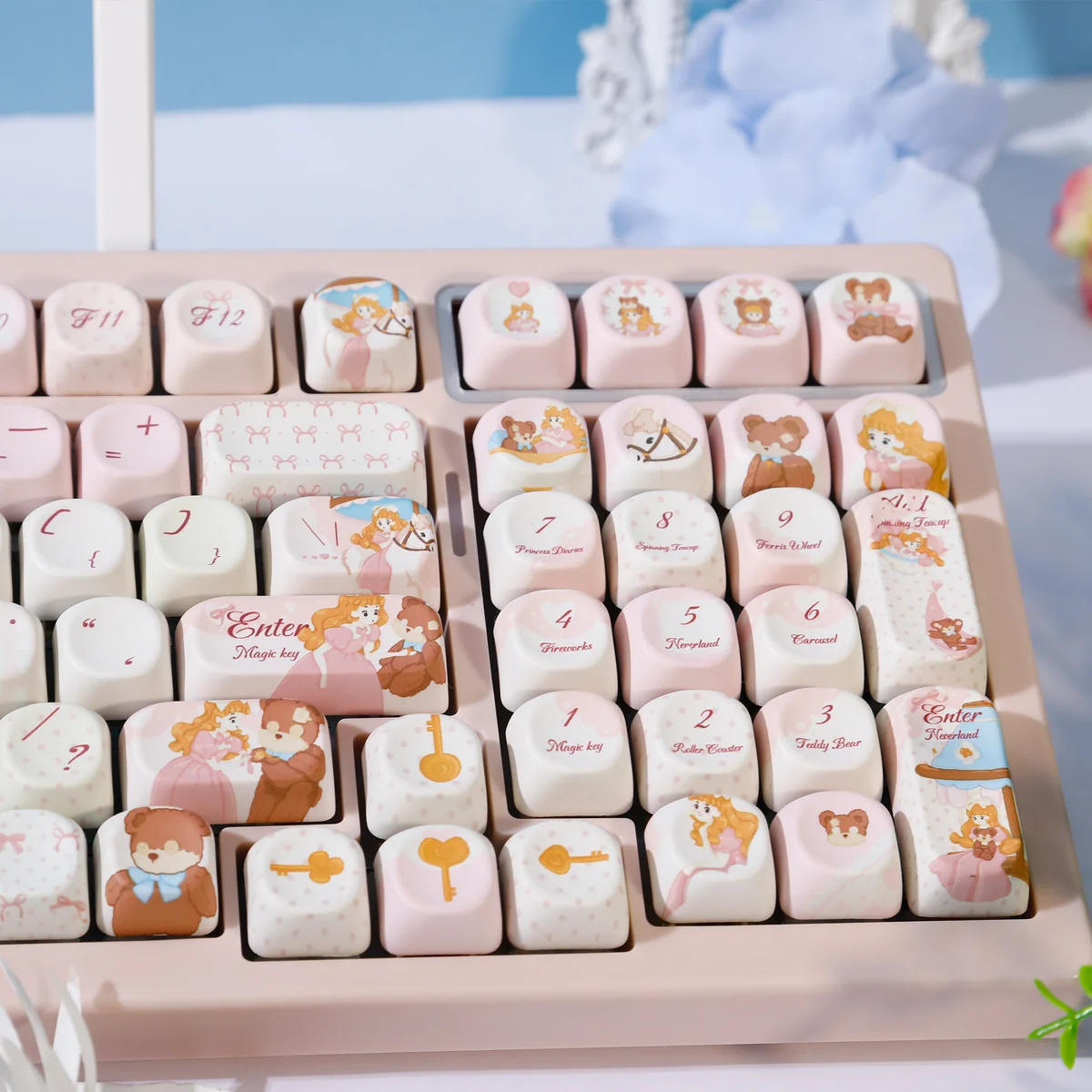 Close-up view of the Whimsical Dream Island PBT dye-sub keycaps set, showcasing ethereal islandscapes and soft, dreamy colors from a unique angle.