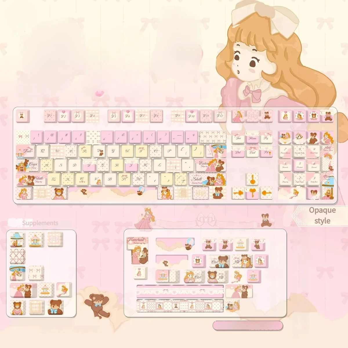 Whimsical Dream Island PBT dye-sub keycaps set displayed from multiple angles, showcasing the ethereal islandscapes and soft, dreamy color palette.