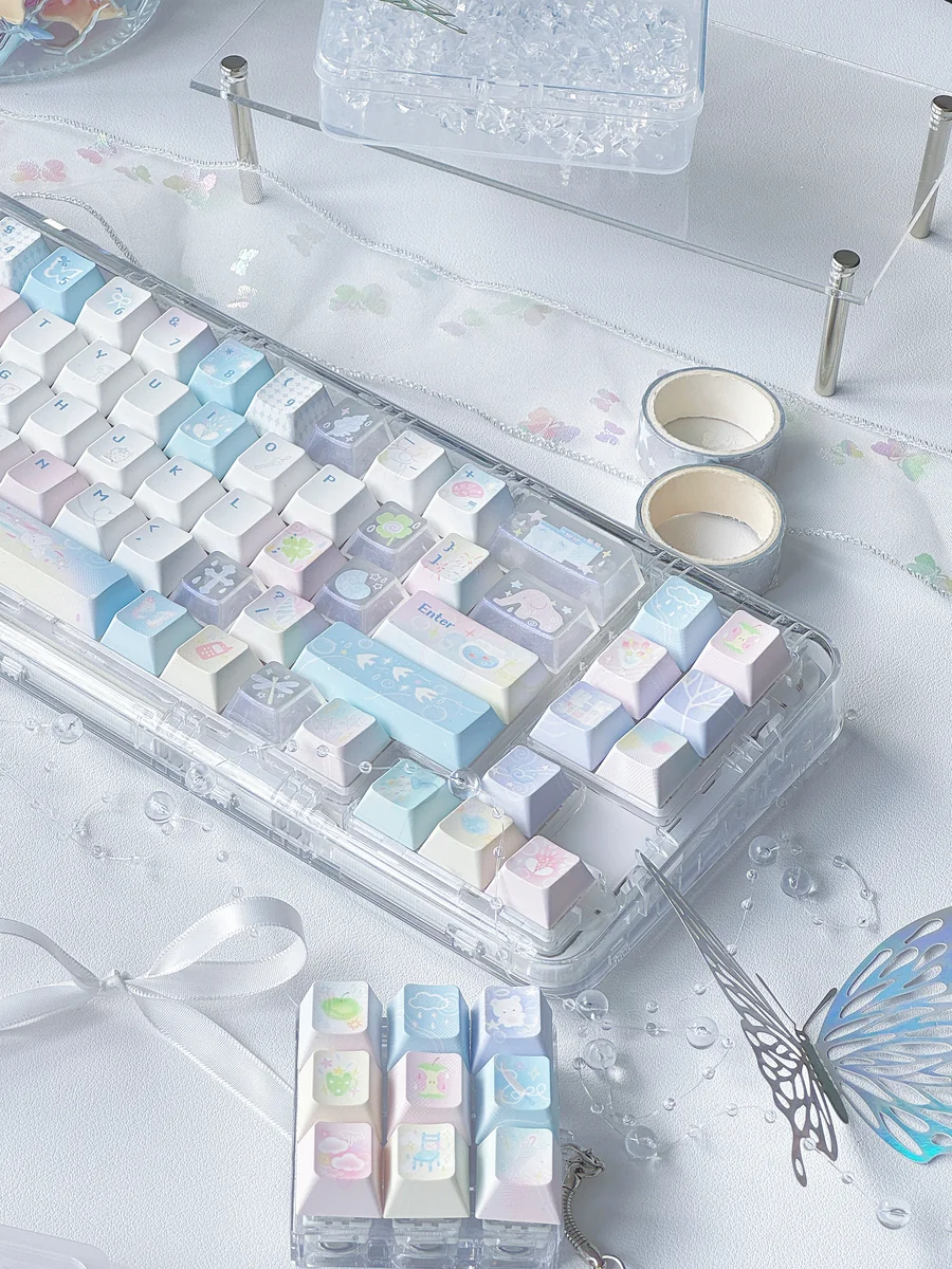 A collection of whimsical iridescent Dreamscape glitter keycap set, made of transparent PC, captured from diverse angles, highlighting their ethereal glow and playful design.