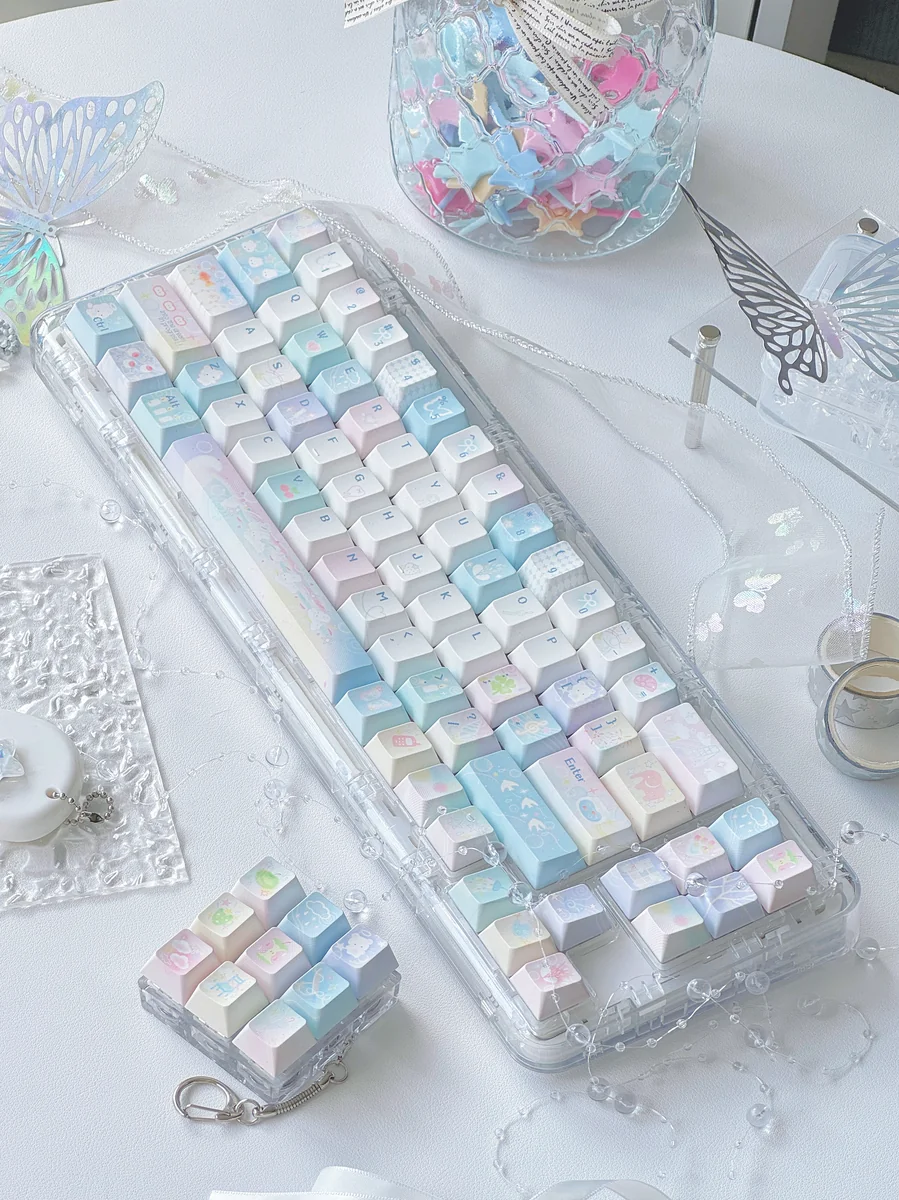 Iridescent Dreamscape glitter keycaps set crafted from transparent PC, showcasing their whimsical accents and ethereal glow from multiple delightful angles.