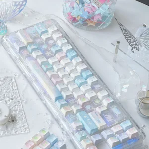 Close-up of Iridescent Dreamscape Glitter Keycaps Set showcasing transparent PC and whimsical accents for a dreamy keyboard aesthetic.