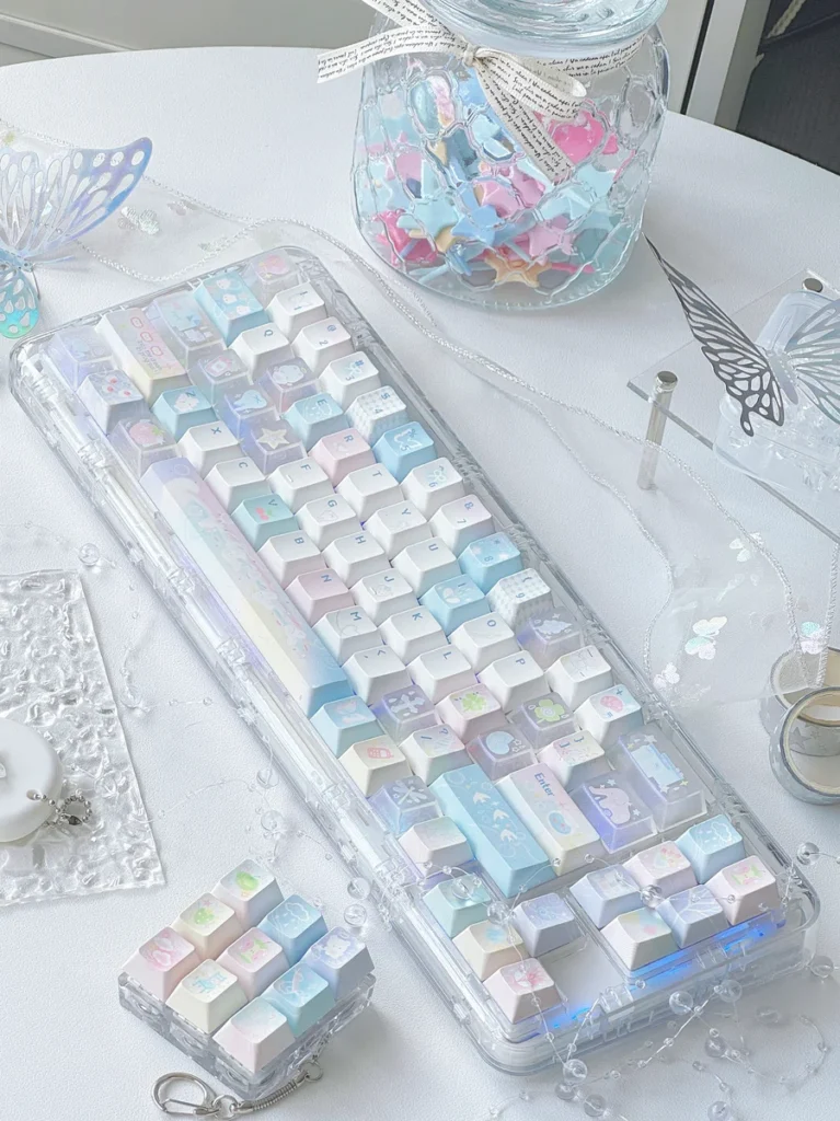 Close-up of Iridescent Dreamscape Glitter Keycaps Set showcasing transparent PC and whimsical accents for a dreamy keyboard aesthetic.