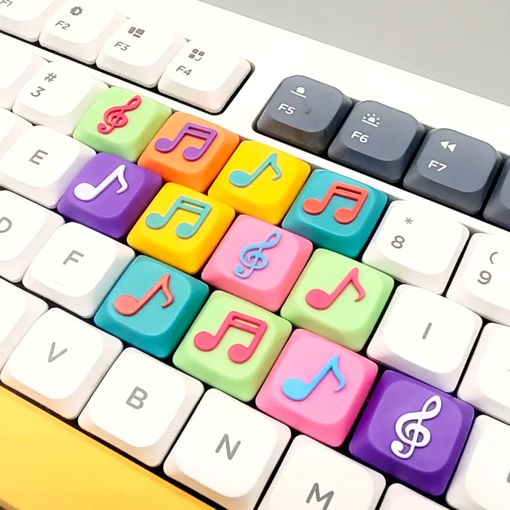 Gallery views of the Eighth Note Symbol Keycaps, showcasing vibrant translucent details with embedded musical notes and symbols from various angles,
