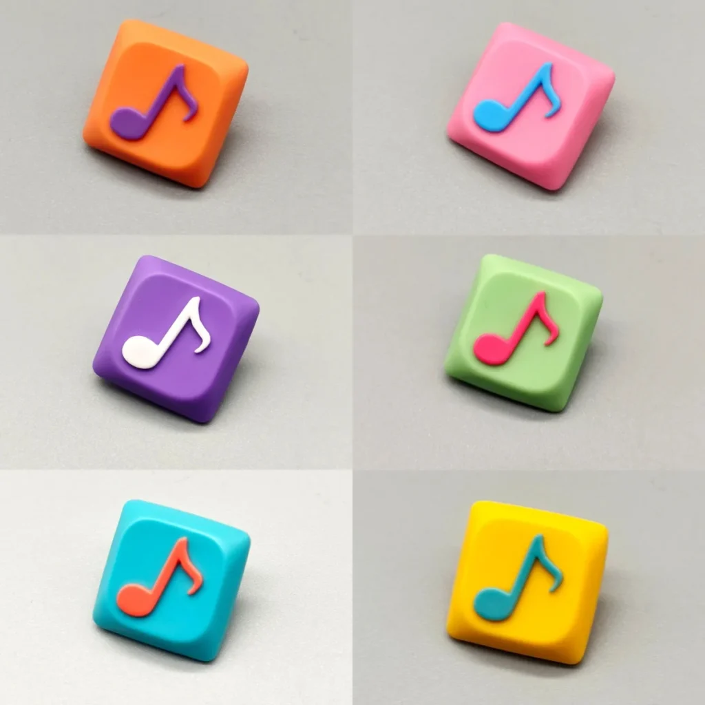 Vibrant handcrafted Eighth Note Symbol Keycaps made from translucent resin, featuring embedded musical notes. A unique handmade art piece.