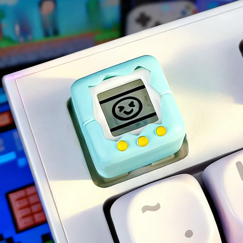 A collection of images showcasing the nostalgic electronic pet keycap from various angles, highlighting its detailed retro game console design.