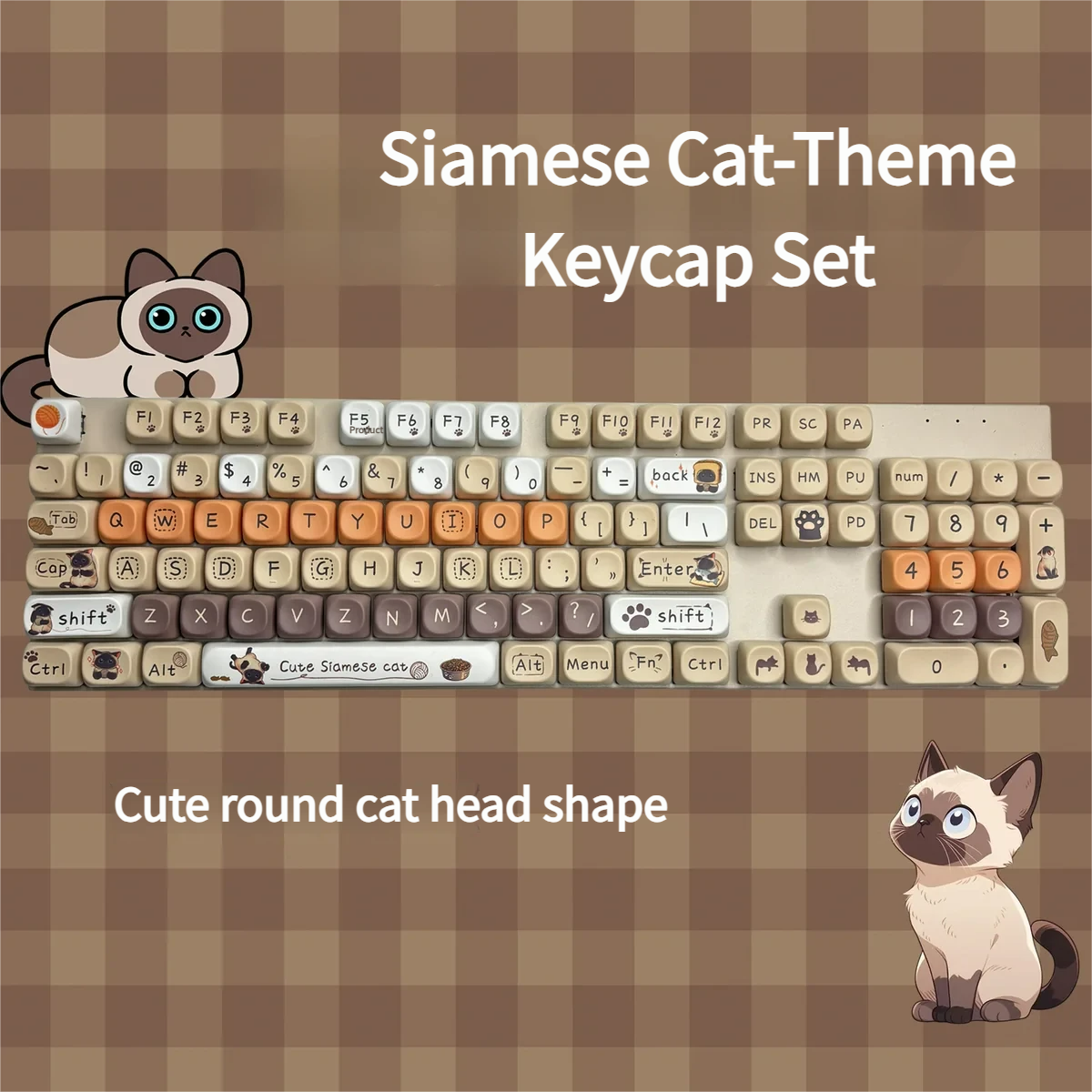 Elegant Siamese Cat PBT MOA keycaps set from various angles, highlighting graceful cat motifs, durable PBT, and comfortable MOA profile.