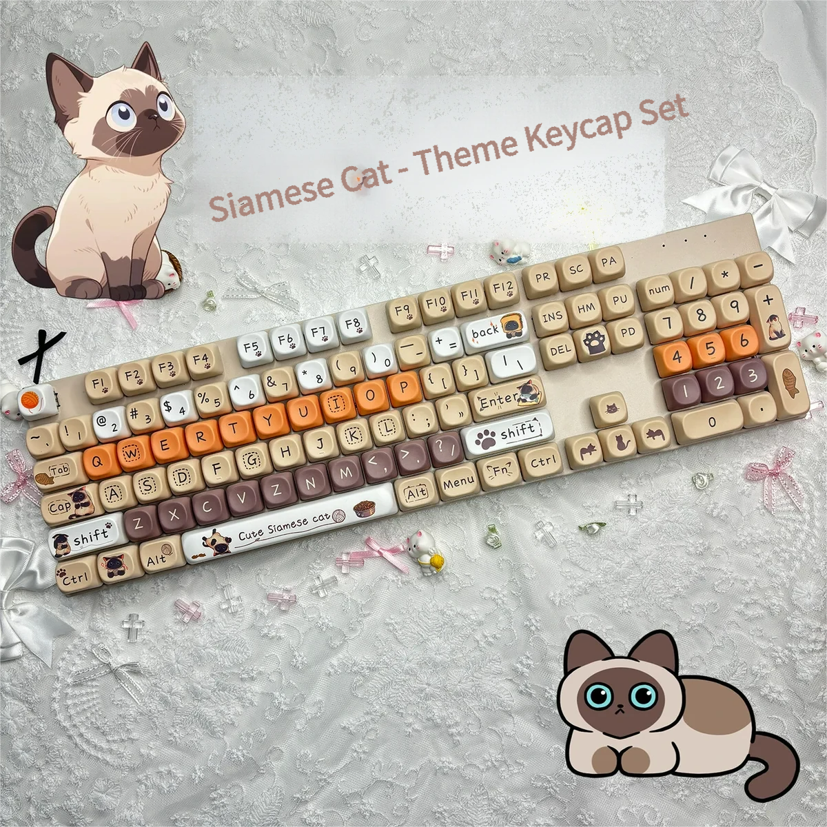 Elegant Siamese Cat PBT MOA Keycaps Set displayed from multiple angles. Features charming feline art, durable PBT, and comfortable MOA profile.
