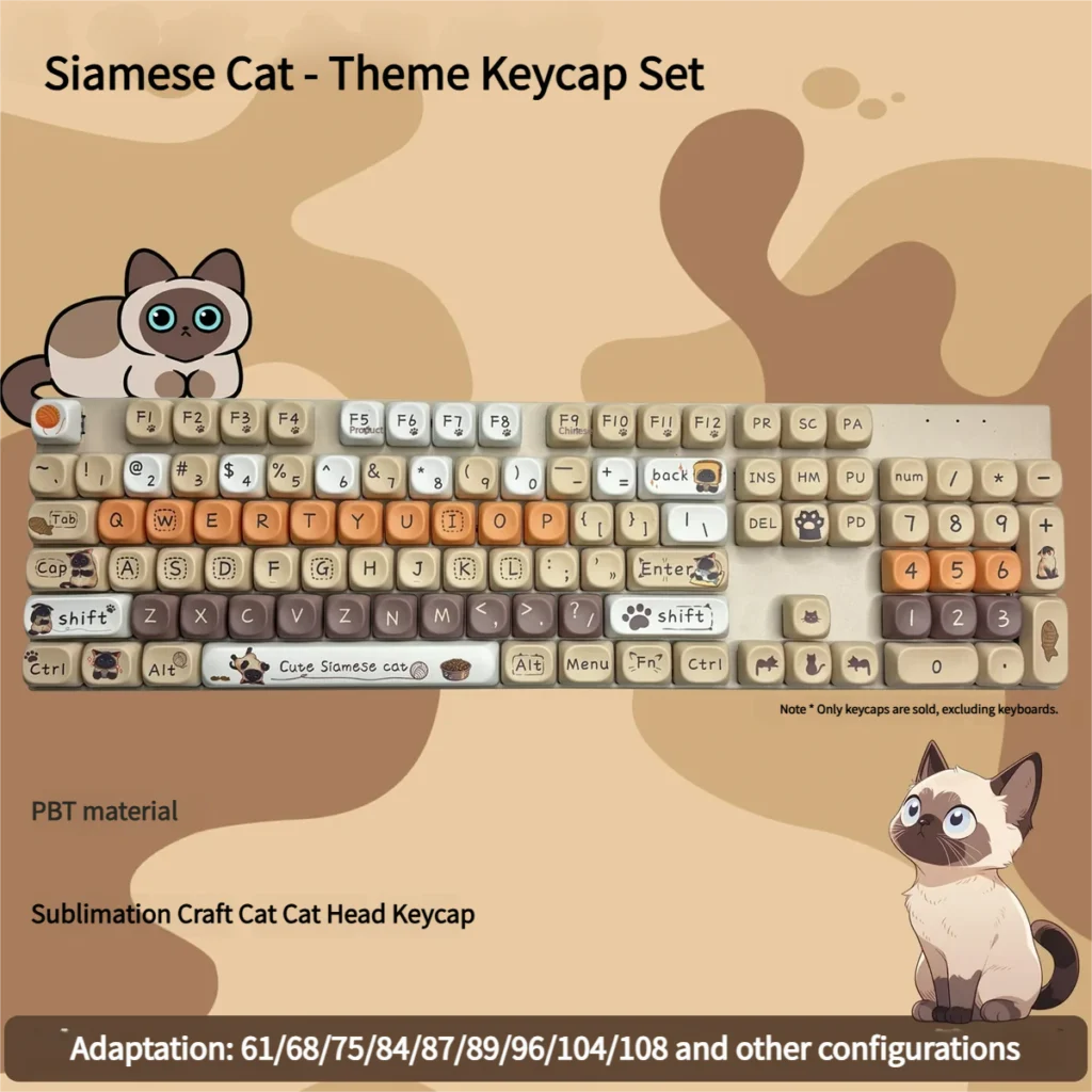 Elegant Siamese Cat Keycaps Set for mechanical keyboards, featuring a graceful design and durable PBT material with comfortable MOA profile.