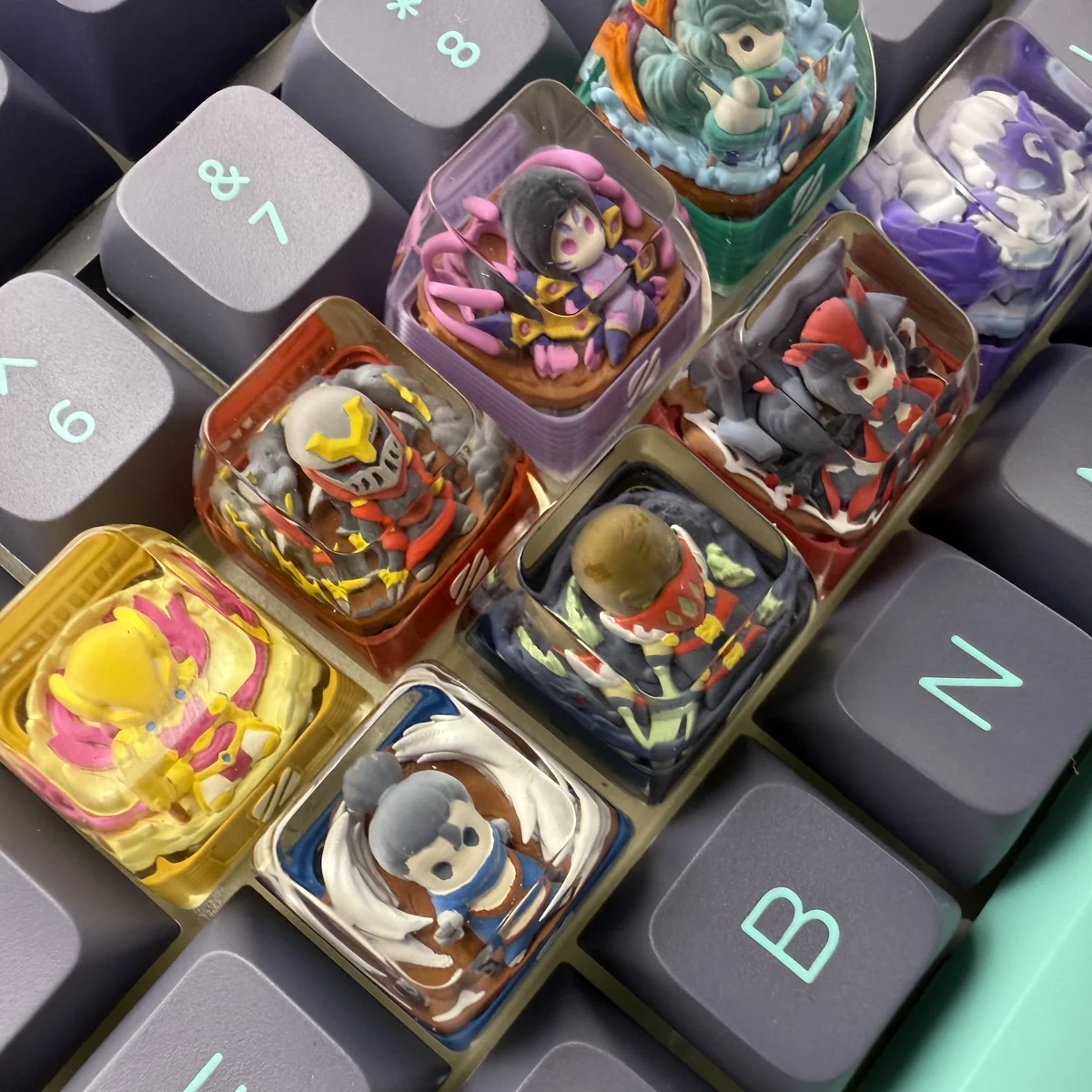 Handcrafted Elise LoL artisan keycap, translucent resin with intricate spider design, glowing mystically from a unique angle.