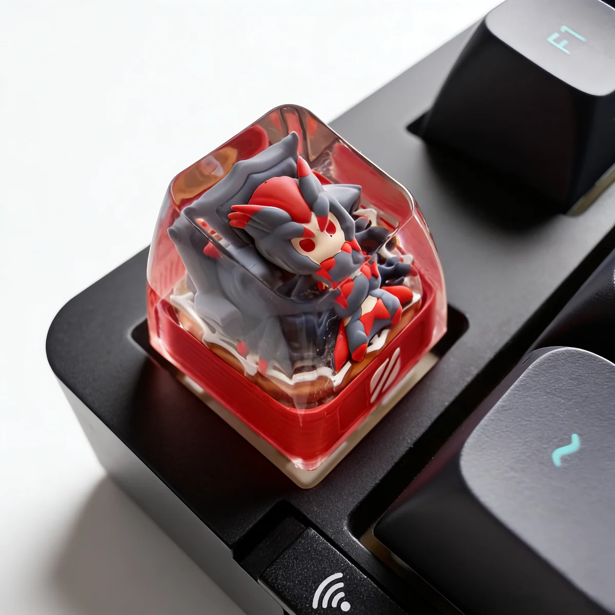 Detailed handcrafted Elise LoL artisan resin keycap, showcasing its mystical translucent spider design and SA profile from multiple angles.