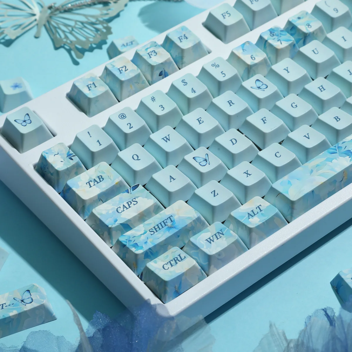 Multiple angles of the durable PBT Endless Summer keycaps set, featuring dye-sublimated pastel blues, greens, and whites, evoking a serene, artistic summer design.