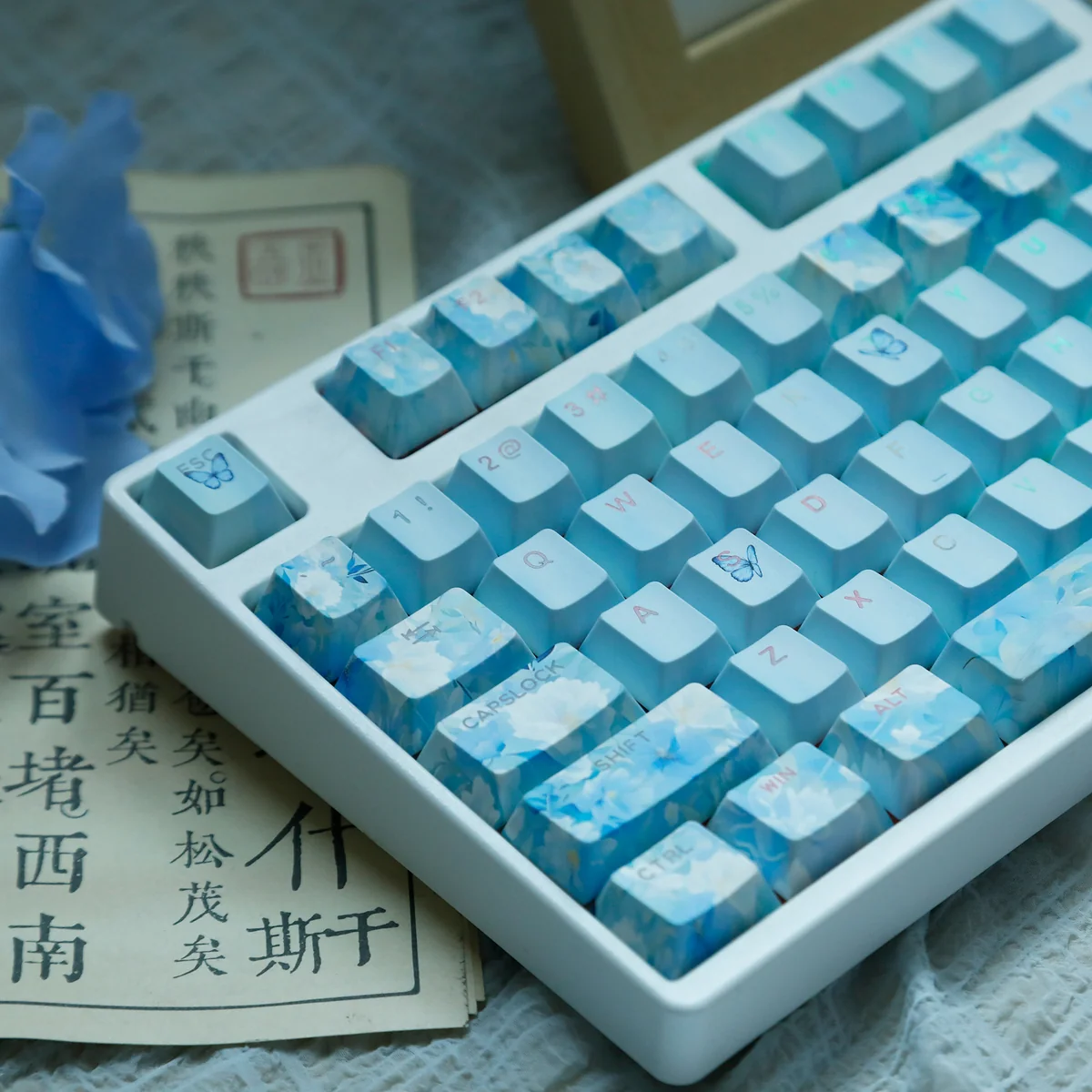 Artistic views of durable PBT dye-sub Summer Keycaps Set. Pastel blues, greens, whites evoke a serene, sun-drenched summer.