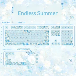 Endless Summer Keycaps Set gallery: Durable PBT dye-sublimated set in serene pastel blues, greens, and whites. Multiple angles showcase the artistic, calm design.