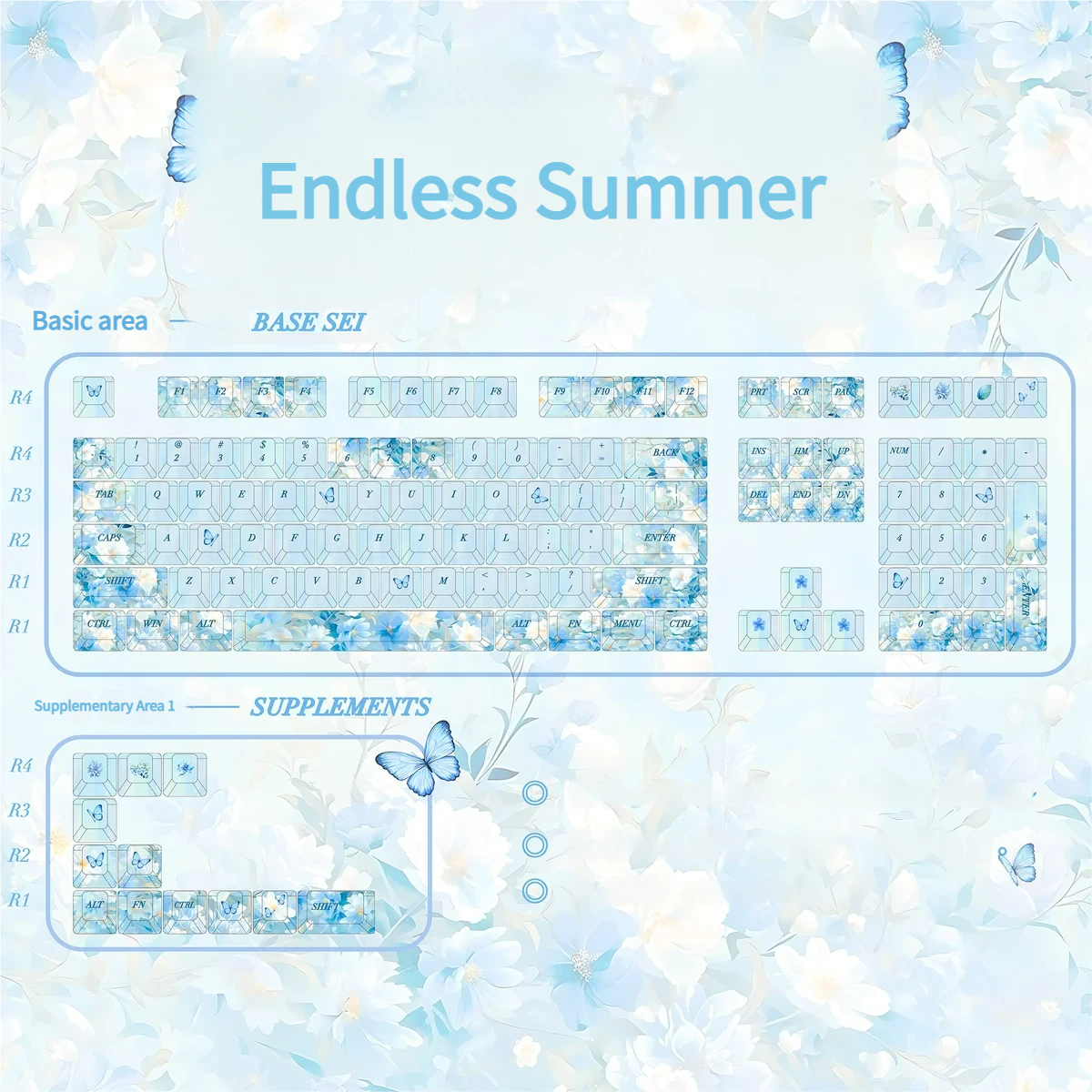 Endless Summer Keycaps Set gallery: Durable PBT dye-sublimated set in serene pastel blues, greens, and whites. Multiple angles showcase the artistic, calm design.