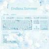 Cherry profile Endless Summer keycaps set, side-lit and blank, featuring durable PBT in soft pastel blues and greens, capturing a serene, sun-drenched summer inspired.